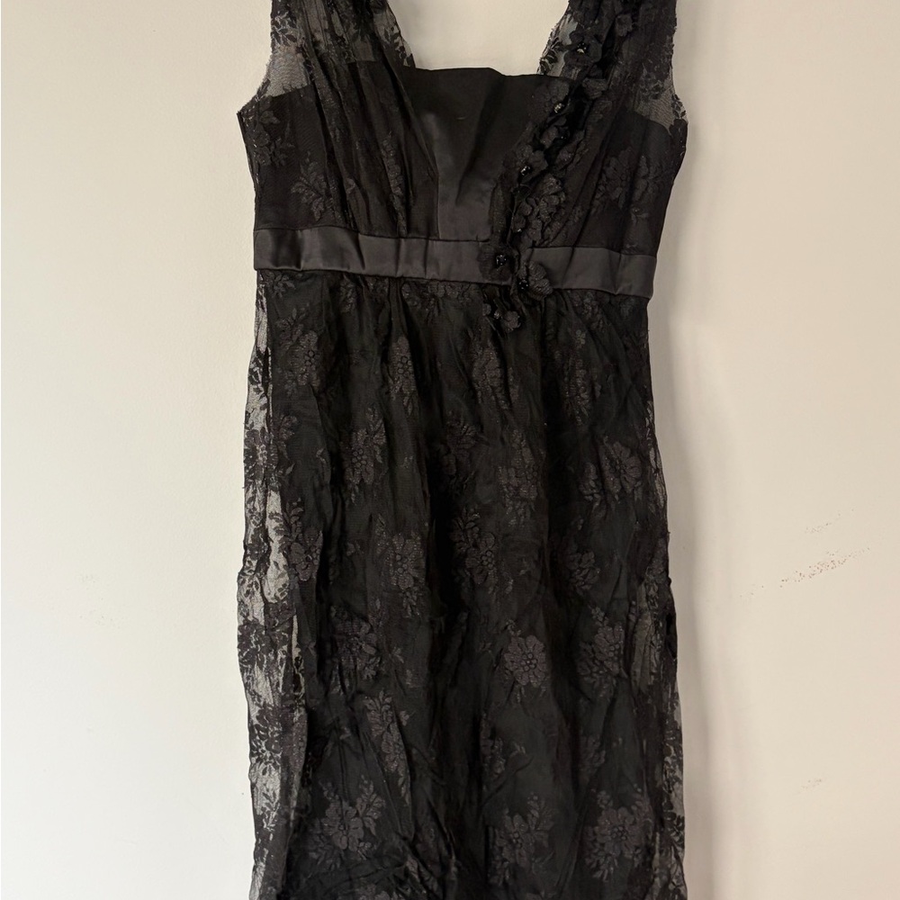 Alberta Ferretti Black Lace Midi Dress with Satin Waist